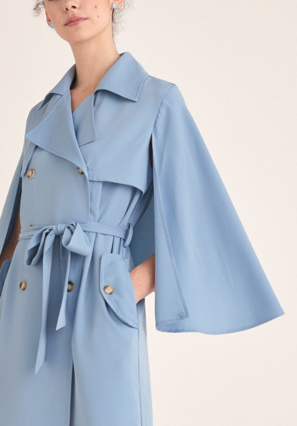 Paisie Cape Sleeve Trench Coat in Light Blue Close Up